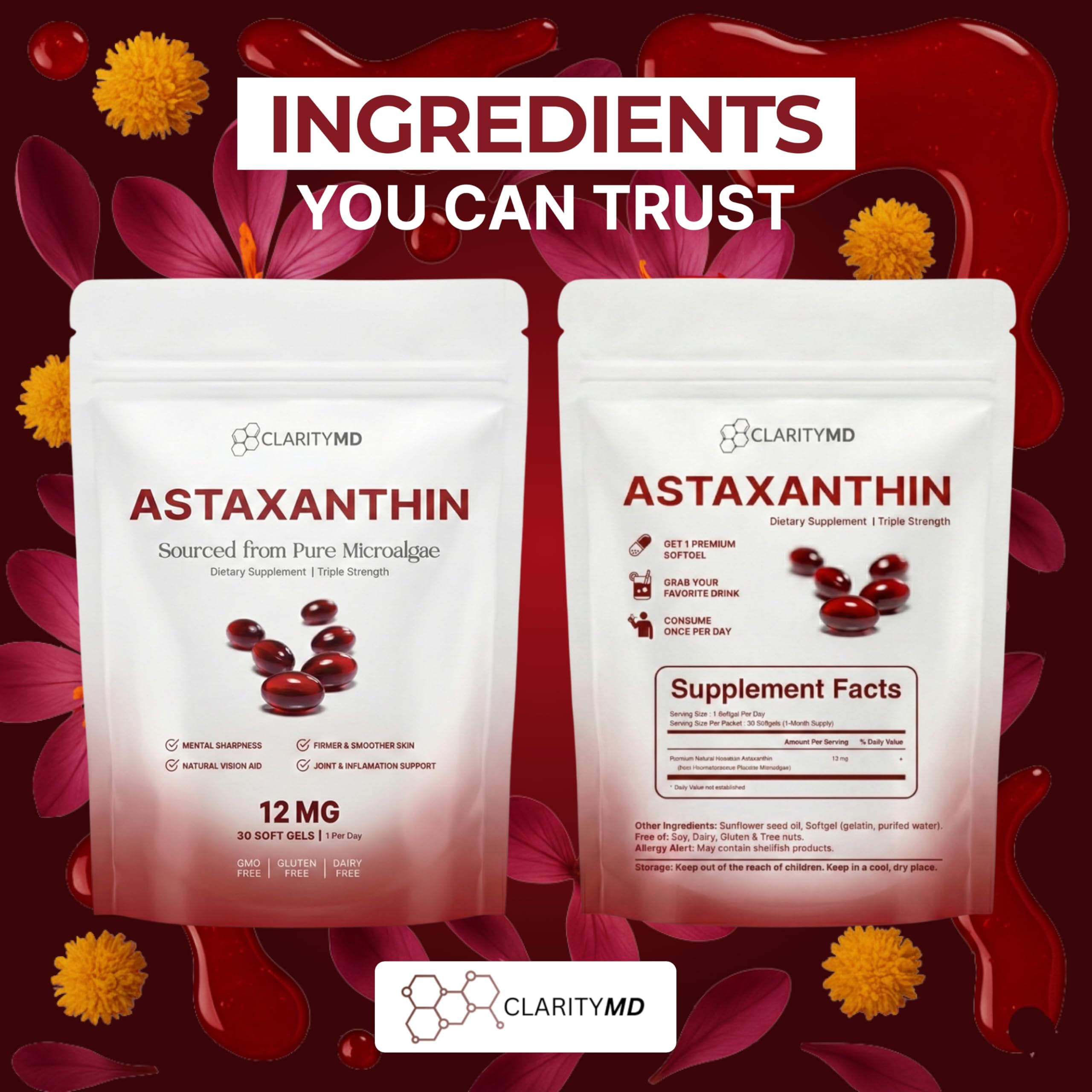 ClarityMD Astaxanthin 12mg Antioxidants Supplement – Natural Microalgae Source – Lipid-Based Softgel for Enhanced Absorption – Cognitive