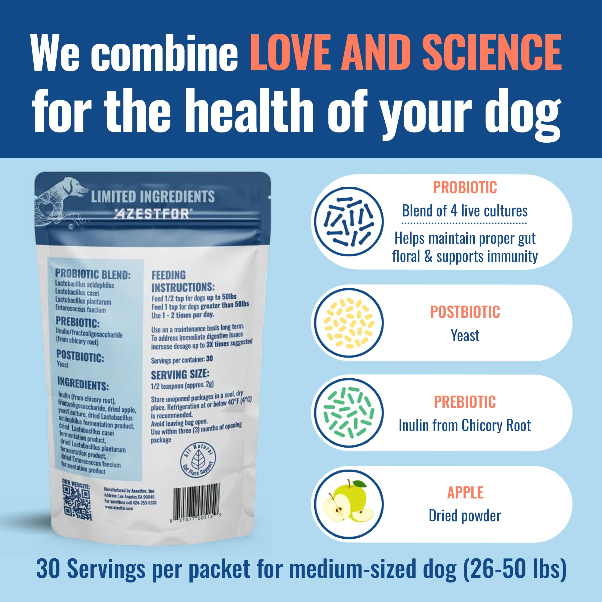Azestfor Gut Health Supplement for Dogs – 3 in 1 Probiotic, Prebiotic & Postbiotic Blend – Supports Digestion, Immunity & Skin – Easy-to-Use Powder – for All Breeds & Sizes – 60g (30 Servings) Azestfor Au supplements