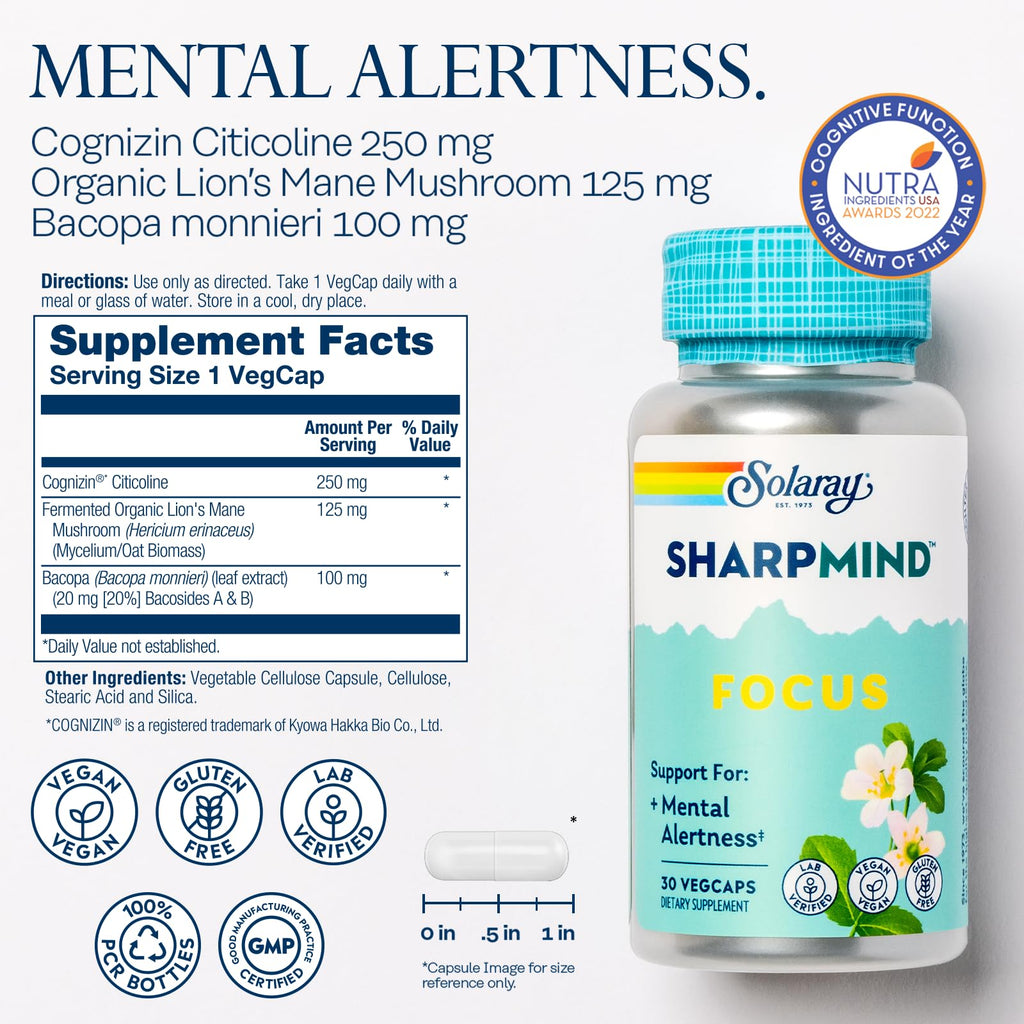 SOLARAY SharpMind Focus, Mental Alertness Nootropic Supplement, Memory Support, Each Capsule with Cognizin Citicoline, Vegan, 60 Day Money Guarantee, 30 Serv 30 Vegetarian Capsules Pills SOLARAY Au supplements