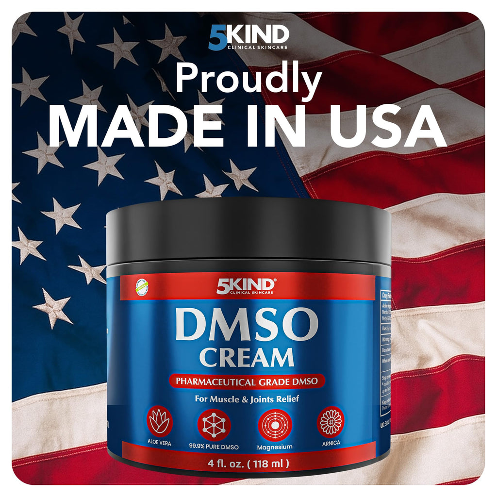 5Kind DMSO Cream for Pain Relief 4 fl oz - 99.9% Pure DMSO Pharmaceutical Grade Cream - Aloe Vera, Magnesium, Arnica & Menthol - Topical Muscle and Joint Pain Relief - Registered NDC - Made in USA 5kind clinical skincare Au supplements