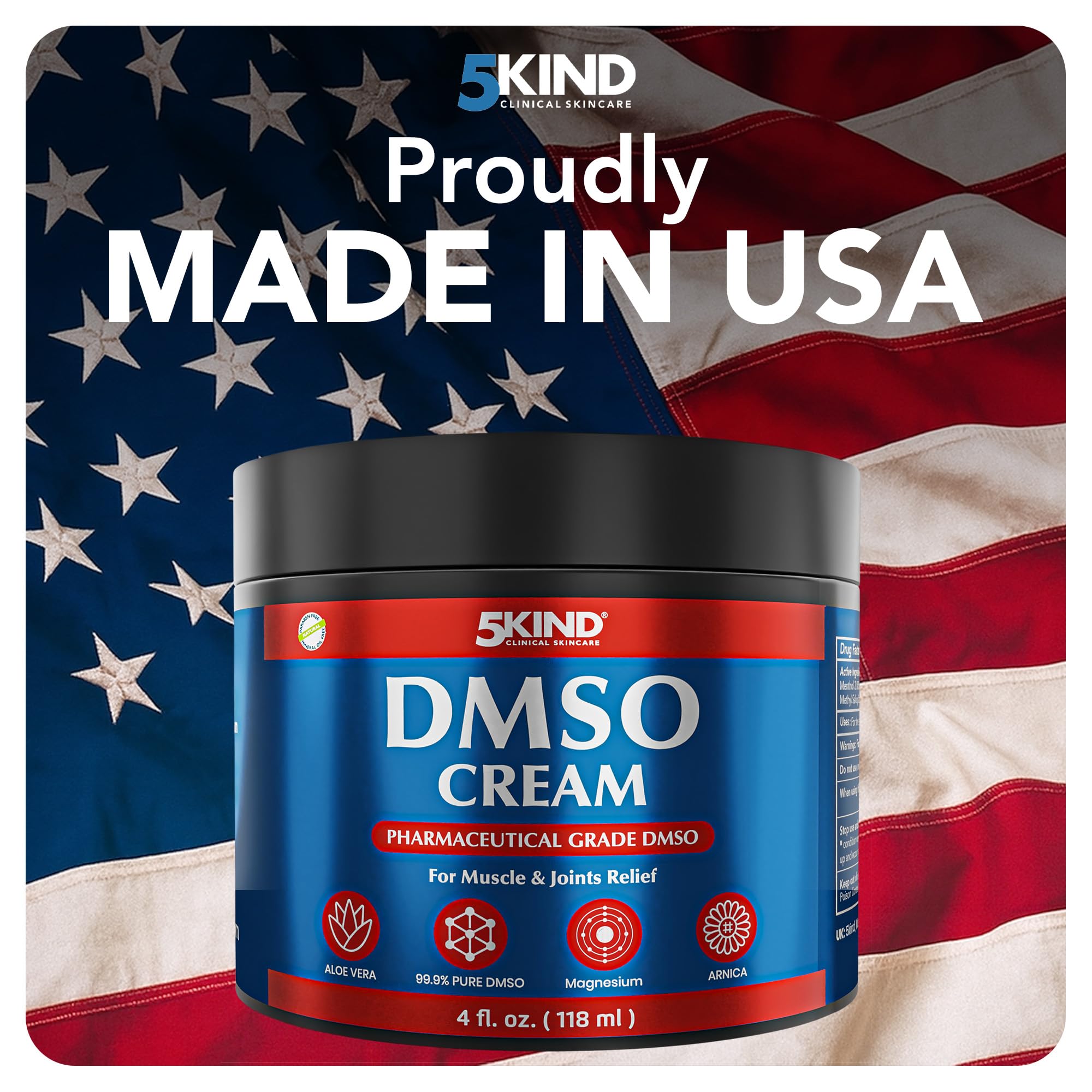 5Kind DMSO Cream for Pain Relief 4 fl oz - 99.9% Pure DMSO Pharmaceutical Grade Cream - Aloe Vera, Magnesium, Arnica & Menthol - Topical Muscle and Joint Pain Relief - Registered NDC - Made in USA 5kind clinical skincare Au supplements