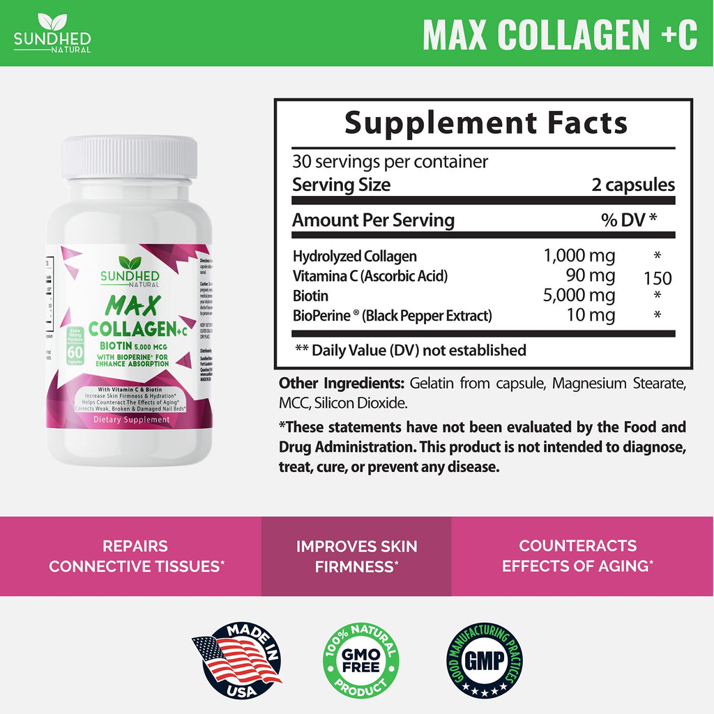 Sundhed Natural Max Collagen Plus C (60 caps) - All Natural Collagen Capsules with Biotin & Bioperine to Boost Anti Aging Hydration & Skin Firmness - Collagen Pills to Strengthen Bones & Nails Sundhed Natural Au supplements