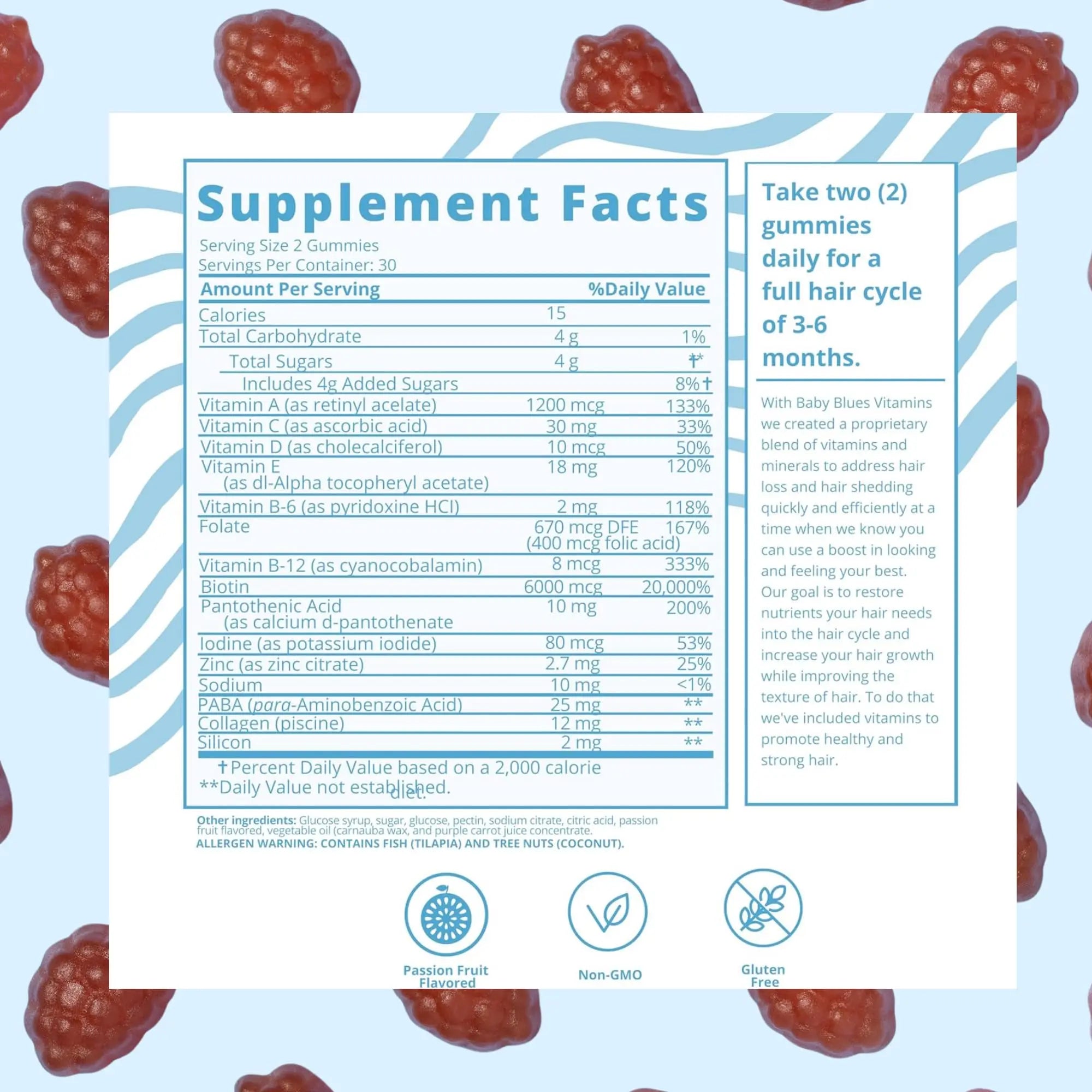 Baby Blues Postpartum Hair Loss Vitamins - Passion Fruit Gummies with Biotin, Collagen, & Folate Baby Blues Au supplements