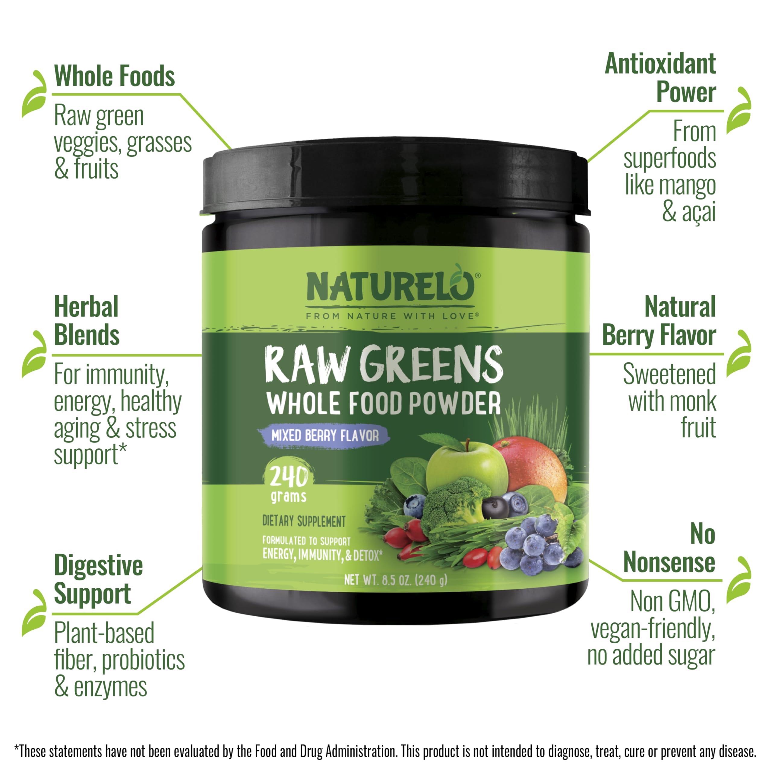NATURELO Raw Greens Superfood Powder 240 Grams, Mixed Berry - Supports Energy, Immunity and Detox - Includes Spirulina, Wheat Grass and Organic Greens for Whole Food Nutrition