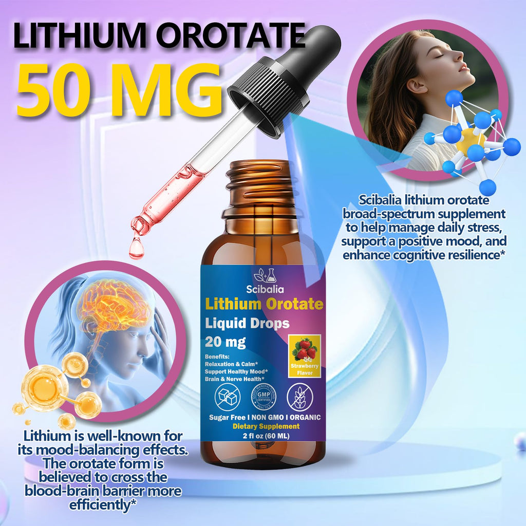 Scibalia Lithium Orotate Liquid Drops 20mg, Potency 11-in-1 Lithium Supplement w. NAC Magnesium Ashwagandha Theanine Vitamin D3 B6 B12 for Memory Brain Mood Cognitive Support,
