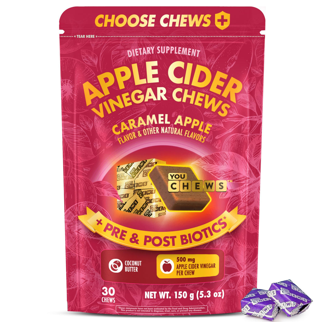 YouChews Apple Cider Vinegar Chews Better Than Apple Cider Gummies - Bloating Relief for Women and Men, 500mg Organic ACV with Prebiotics & Postbiotics, Low Sugar, Caramel Flavor, 30 Count YouChews Au supplements