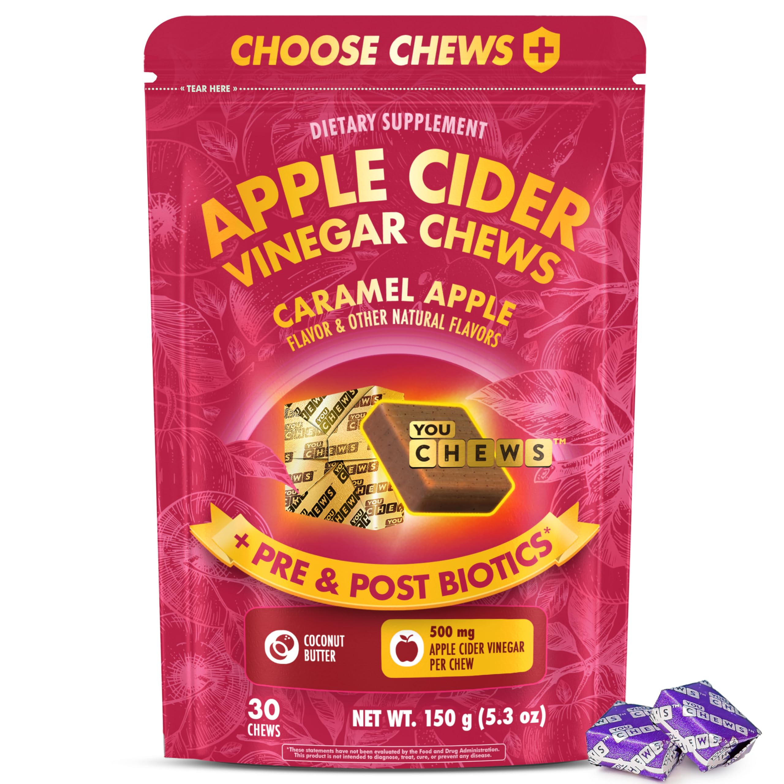 YouChews Apple Cider Vinegar Chews Better Than Apple Cider Gummies - Bloating Relief for Women and Men, 500mg Organic ACV with Prebiotics & Postbiotics, Low Sugar, Caramel Flavor, 30 Count YouChews Au supplements