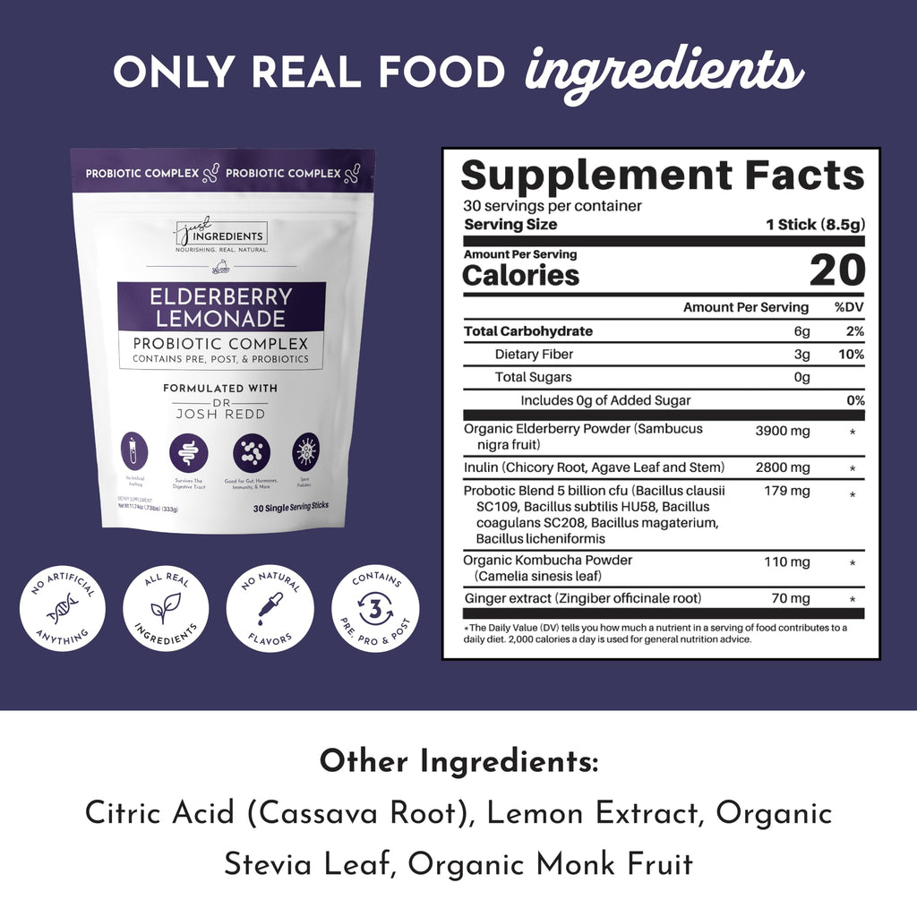 JUST INGREDIENTS Elderberry Lemonade 3-in-1 Probiotic Complex - Prebiotics, Probiotics & Postbiotics - 30 Sticks JUST INGREDIENTS Au supplements