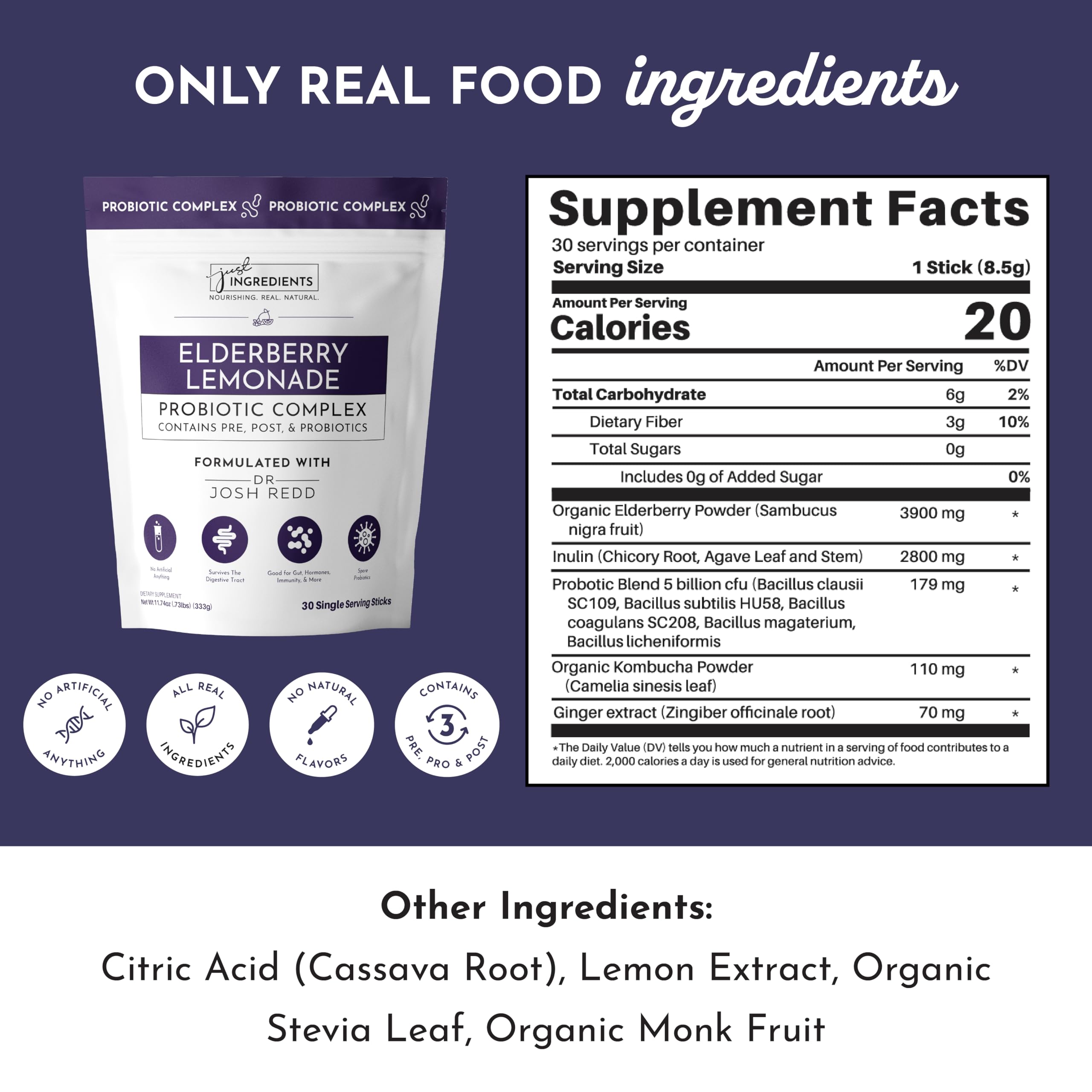 JUST INGREDIENTS Elderberry Lemonade 3-in-1 Probiotic Complex - Prebiotics, Probiotics & Postbiotics - 30 Sticks JUST INGREDIENTS Au supplements