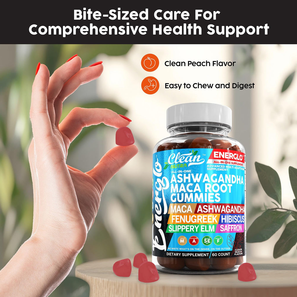 Ashwagandha Maca Root Gummies with Fenugreek Hibiscus Slippery Elm Saffron Extract & Beta Carotene | Peach Flavor Vegan Gummy Vitamins Adaptogen Cortisol Supplement Energlo by Clean Nutra Clean Nutraceuticals Au supplements