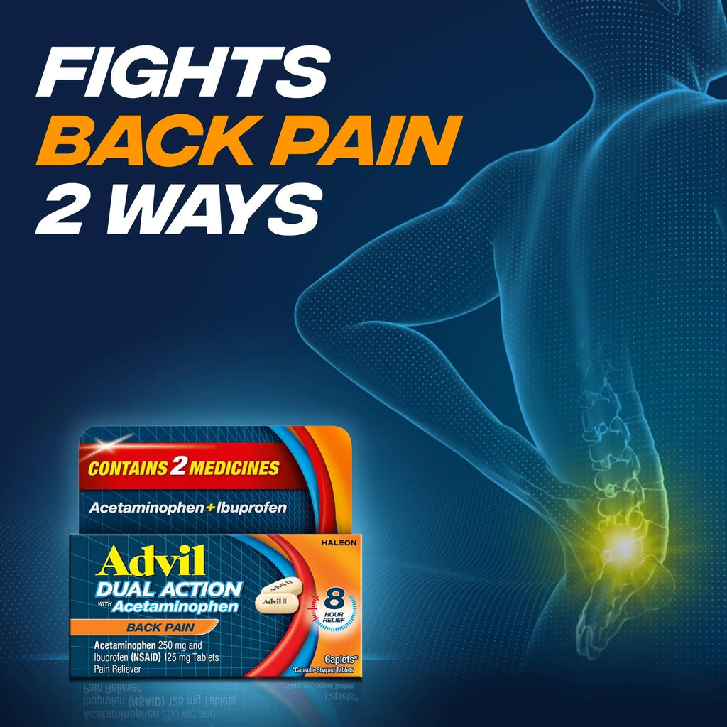 Advil Dual Action Back Pain Caplets Delivers 125mg Ibuprofen and 250mg Acetaminophen Per Dose for 8 Hours of Back Pain Relief - 144 Count Advil Au supplements