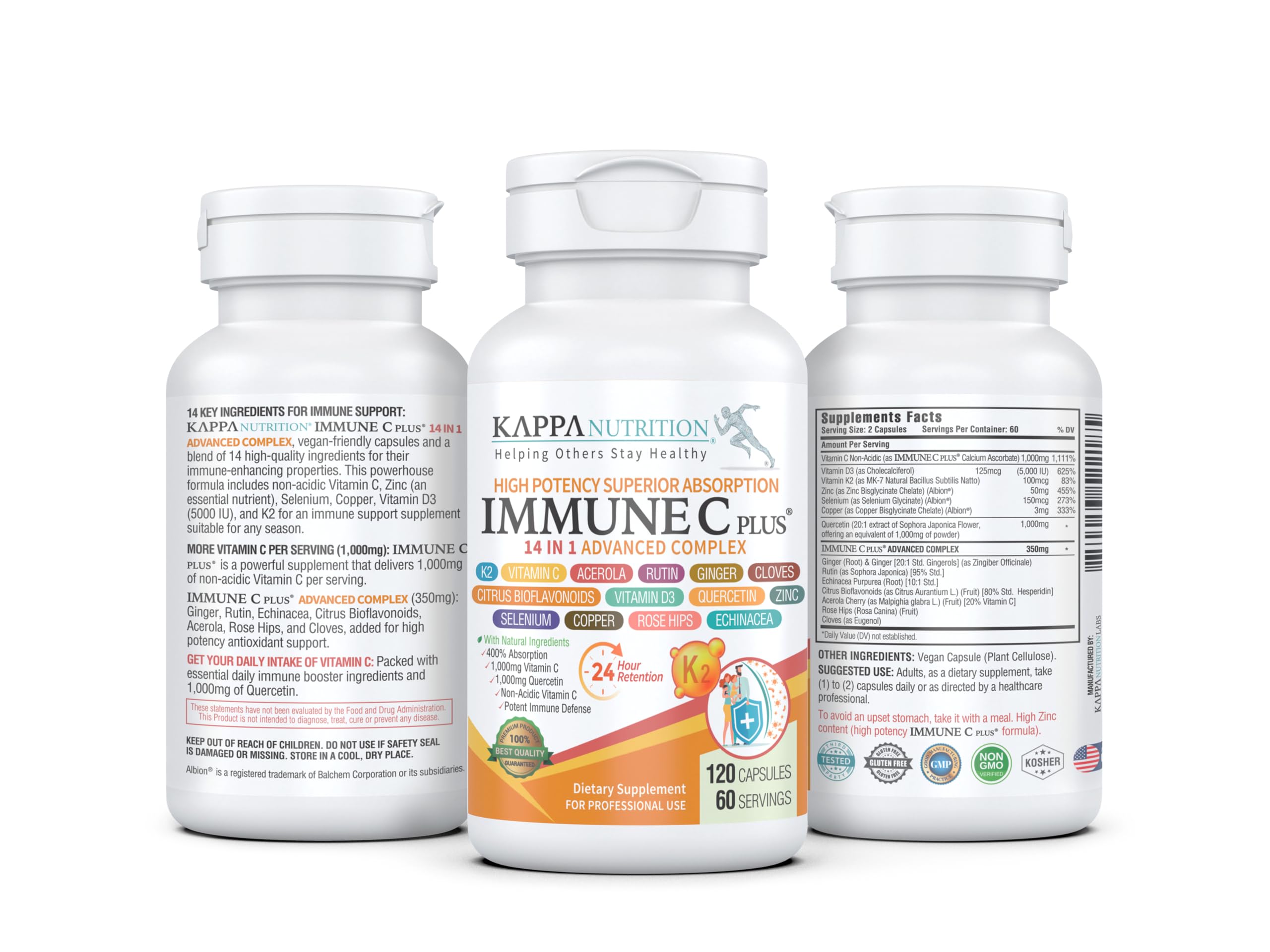 Quercetin 1,000mg, Vitamin C 1,000mg, Zinc 50mg, Vitamin D3 5,000iu, Selenium, Copper, Acerola, Ginger, Rutin, Bitter Orange, Rose Hips, Echinacea, Immune C Plus, 14 in 1 Immune C Plus (120 Count) KAPPA NUTRITION Au supplements