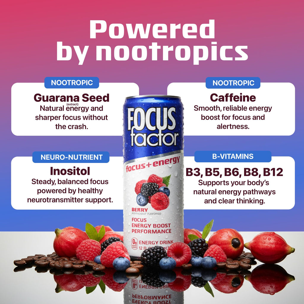 Focus Factor Energy Drink - 12 x 355ml Cans (Berry Flavour) - with Focus + Energy - Lightly Carbonated, Sugar Free, Low Calorie with Vitamin B6 & Vitamin B12 Focus Factor Au supplements