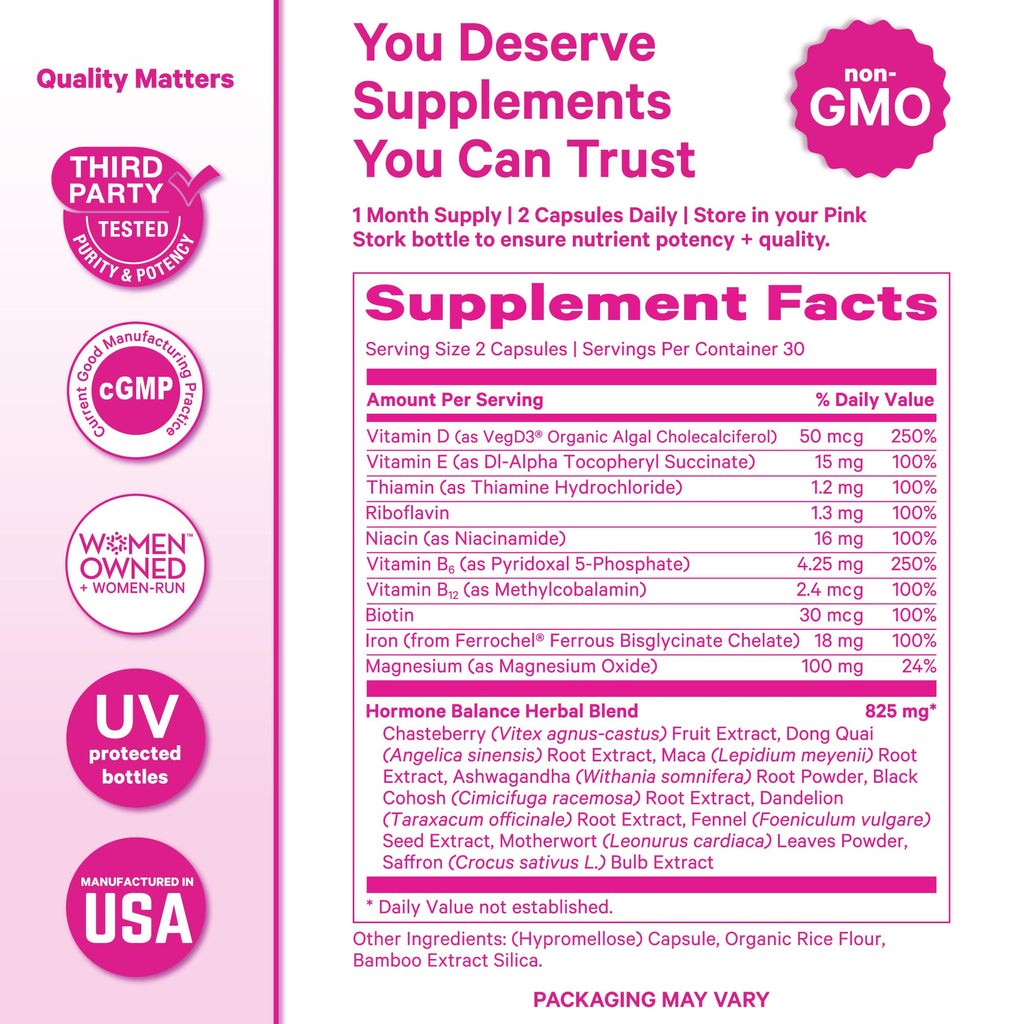 Pink Stork Hormone Balance Multivitamin for Women | 18-in-1 Vitex, Saffron, Ashwagandha, Magnesium | Mood, Energy, Cortisol, Adrenal Support | PMS, Perimenopause Support | 60 Vegan Capsules Pink Stork Au supplements