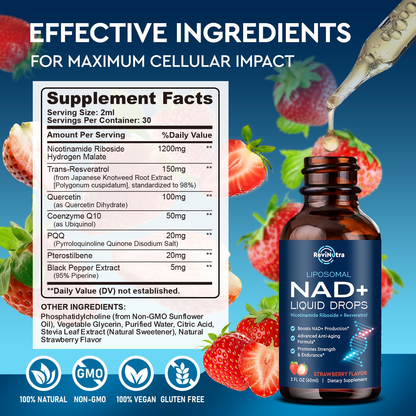 Liposomal NAD+ Liquid Supplement, Nad Resveratrol Supplement for Women & Men, Nicotinamide Riboside with PQQ, CoQ10, Quercetin for Anti-Aging, Brain, Cellular Energy Health, Strawberry Flavor, 2 Fl Oz ReviNutra Au supplements