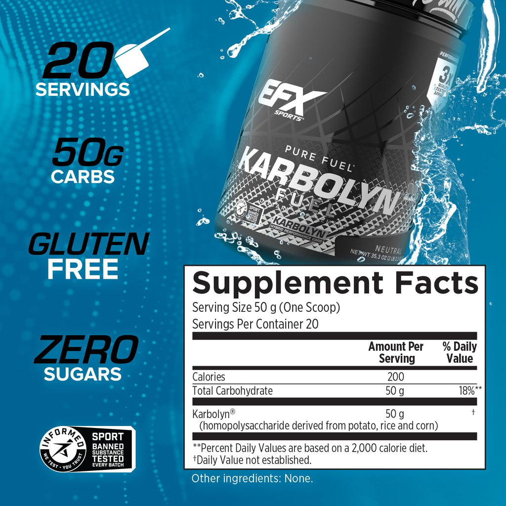 EFX Sports Karbolyn Fuel | Fast-Absorbing Carbohydrate Powder | Carb Load, Sustained Energy, Quick Recovery | Stimulant Free | 20 Servings (Neutral)