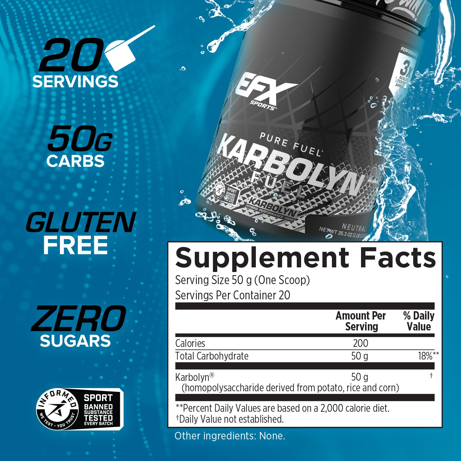 EFX Sports Karbolyn Fuel | Fast-Absorbing Carbohydrate Powder | Carb Load, Sustained Energy, Quick Recovery | Stimulant Free | 20 Servings (Neutral)