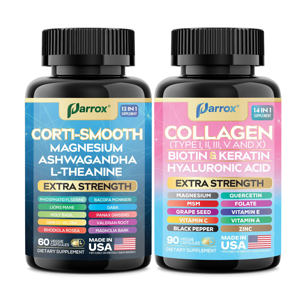 Parrox Shining Serenity Set, Cortisol Support with Ashwagandha, L-Theanine, Magnesium, Lions Mane, GABA, Bacopa Monnieri, Collagen I, II, III, V, X, Folate, Biotin, Keratin, Hyaluronic Acid, Quercetin Parrox Au supplements