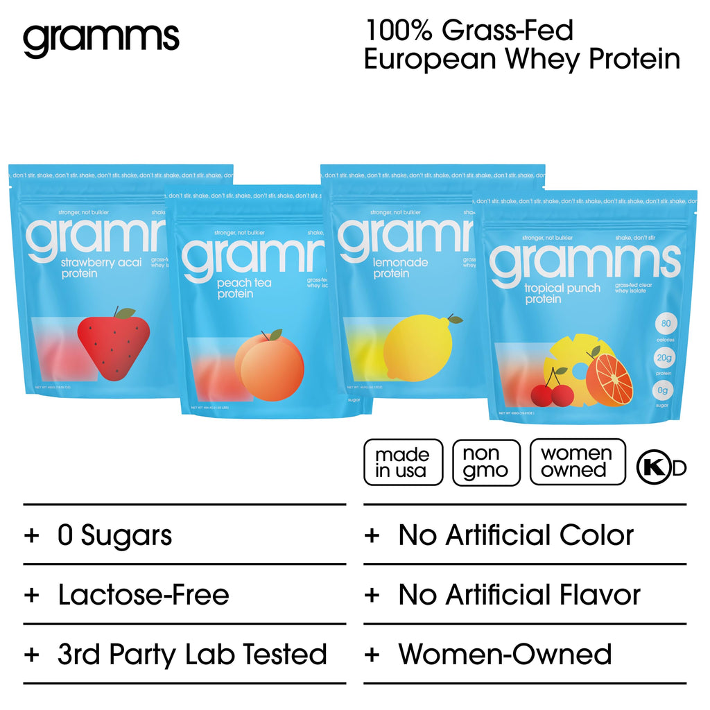 GRAMMS Clear Protein Powder Packets 20G Protein for Women & Men | Lactose Free, Grass-Fed Whey Isolate, Gluten Free, Zero Sugar, Gut Friendly, Non-Bloating