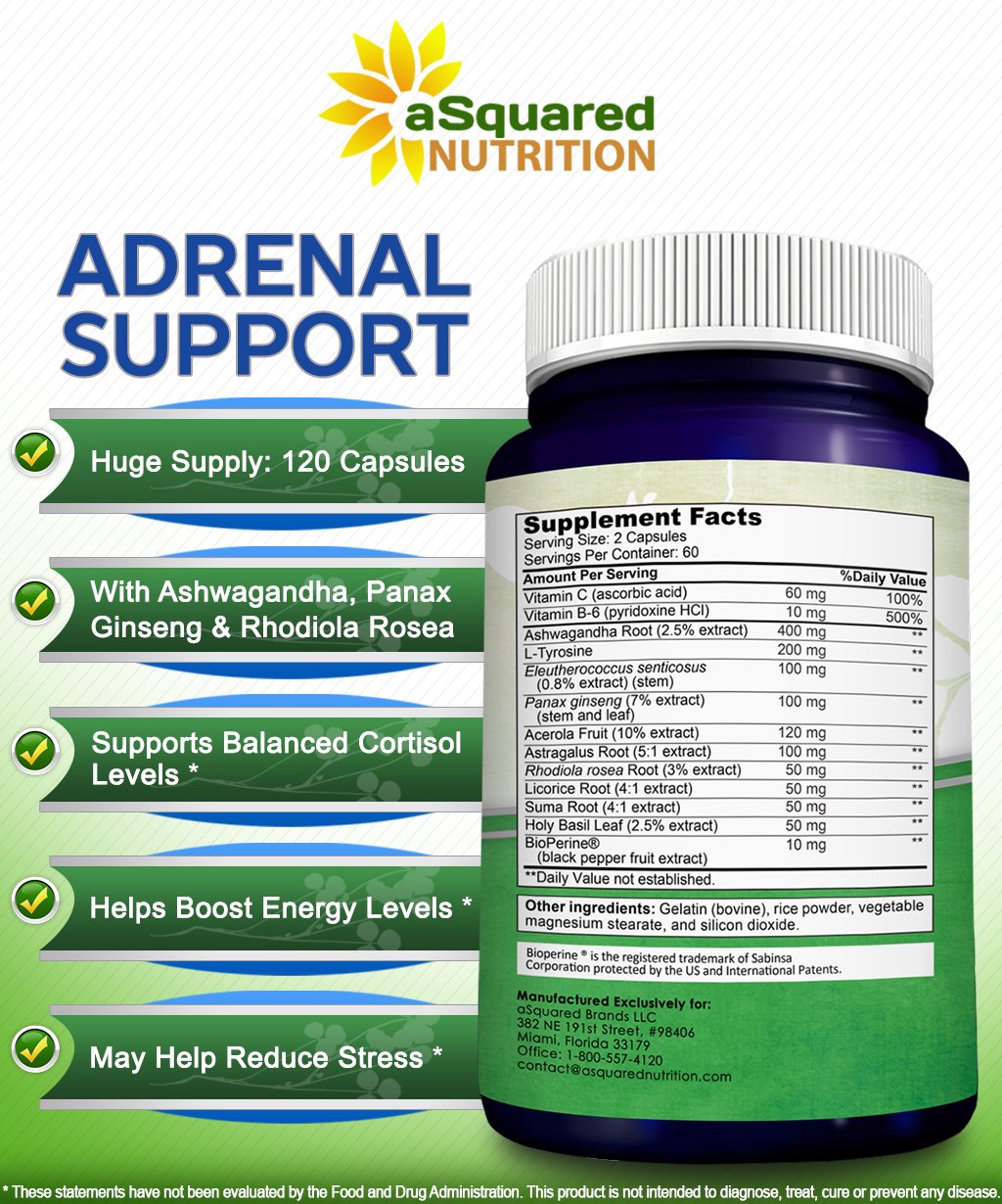 aSquared Nutrition Adrenal Support & Cortisol Manager Supplement (120 Capsules)-Adrenal Health w/Vitamin C Complex Pills to Support Fatigue & Stress Relief-Ashwagandha, L-Tyrosine, Rhodiola & Ginseng aSquared Nutrition Au supplements