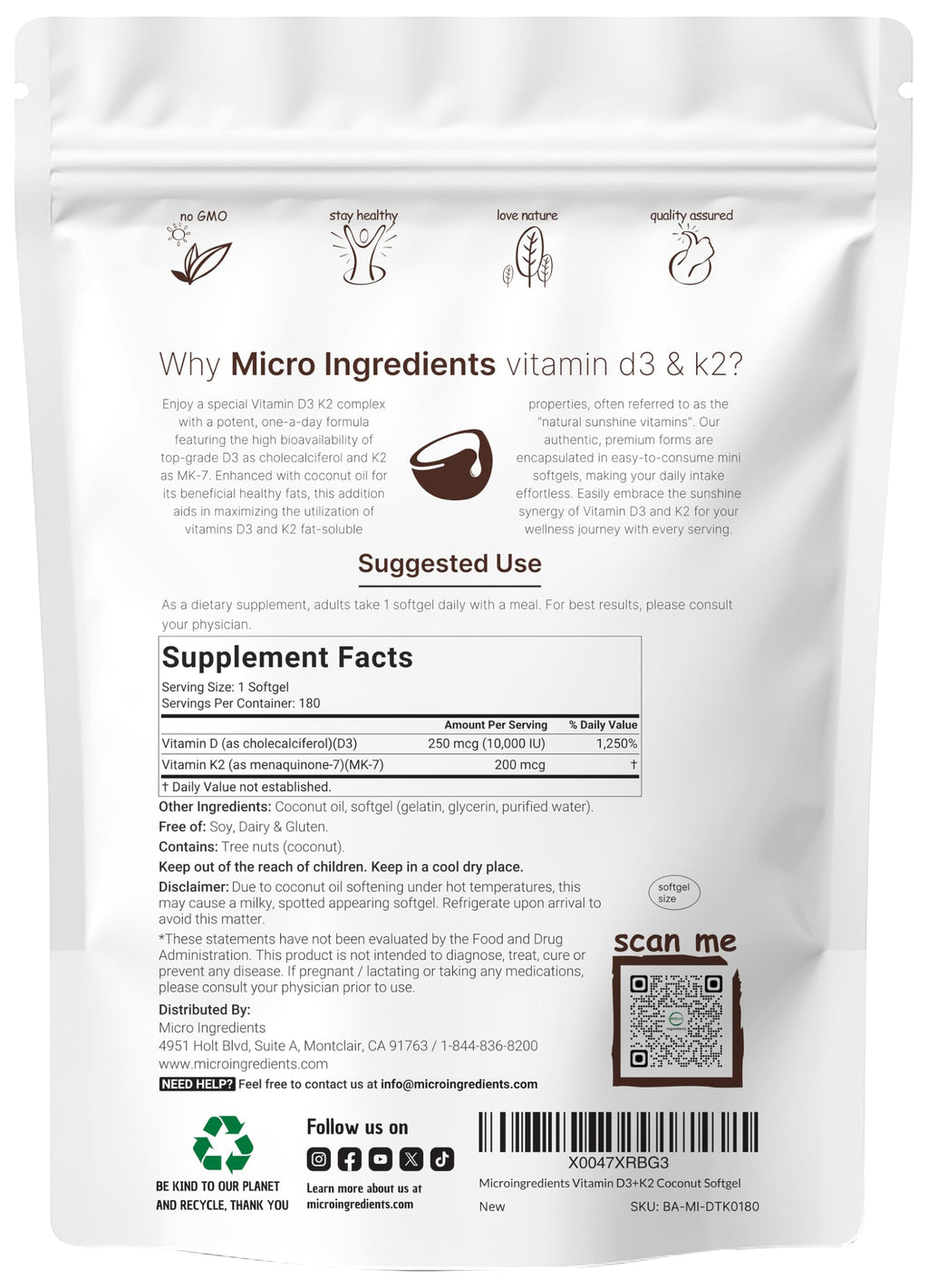 Micro Ingredients Vitamin D3 10,000 IU + K2 MK-7 200 mcg, 180 Softgels with Virgin Coconut Oil | 2-in-1 Vitamins D & K Complex
