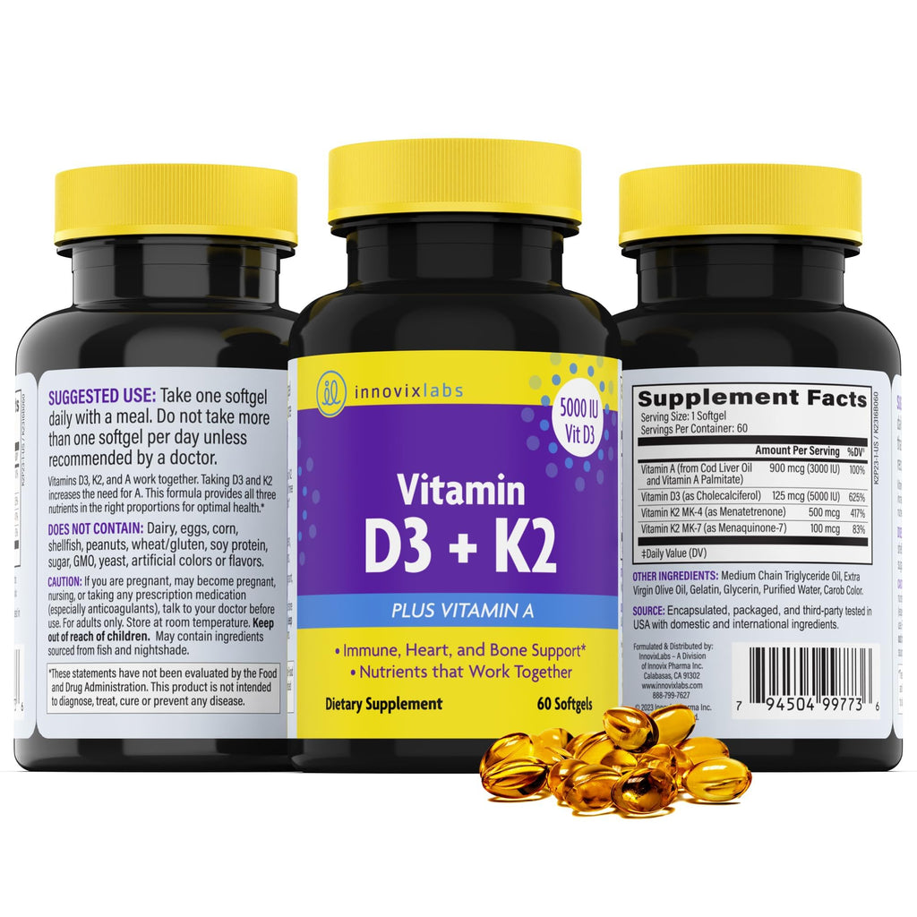 InnovixLabs Vitamin D3 K2-5000 IU Vitamin D3 Plus 600 mcg Vitamin K2 MK4 and MK7 for Max Calcium Absorption, Supports Bone, Immune, Heart Health