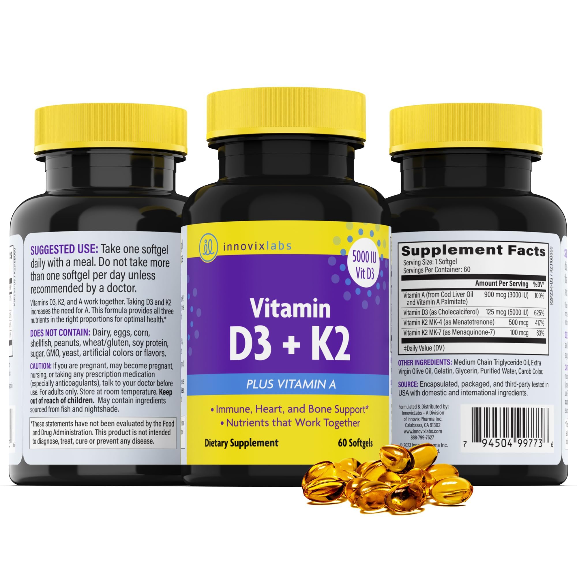InnovixLabs Vitamin D3 K2-5000 IU Vitamin D3 Plus 600 mcg Vitamin K2 MK4 and MK7 for Max Calcium Absorption, Supports Bone, Immune, Heart Health