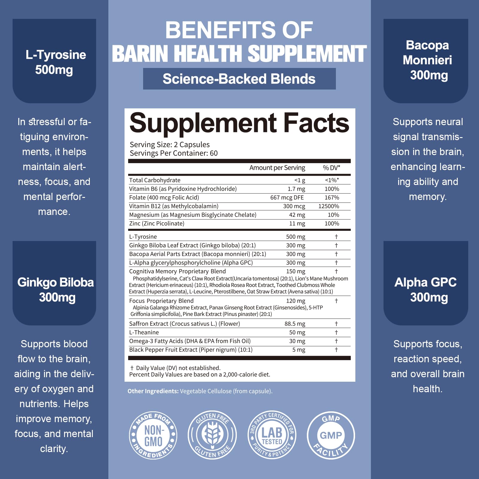 Totara Brain Supplements for Memory and Focus丨Non-Caffeinated Energy with L-Tyrosine, Alpha GPC, Ginkgo Biloba, Bacopa Monnieri, Saffron – Gluten Free, Non-GMO for Neuro & Brain Health (120 Counts) Totaria Au supplements