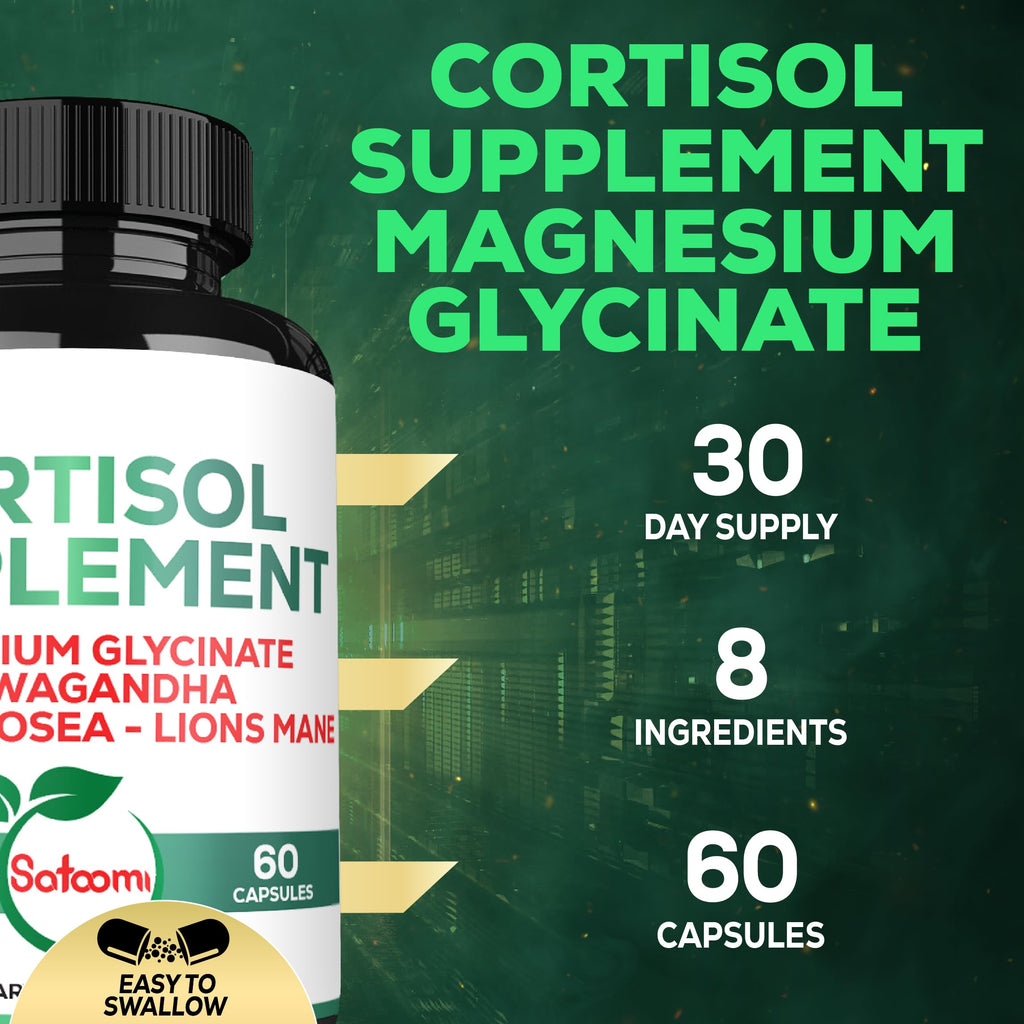 Satoomi 8in1 Cortisol Manager with Magnesium Glycinate, Ashwagandha, Rhodiola Rosea, Lions Mane & More - Cortisol Reducer Supplement Men & Women - 60 Capsules Satoomi Au supplements