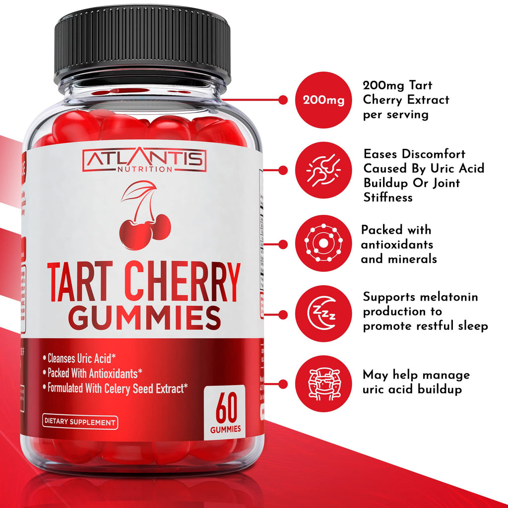 Atlantis Nutrition Tart Cherry Gummies with Celery Seed Extract - Advanced Uric Acid Cleanse for Immediate Relief | Joint Relief & Recovery