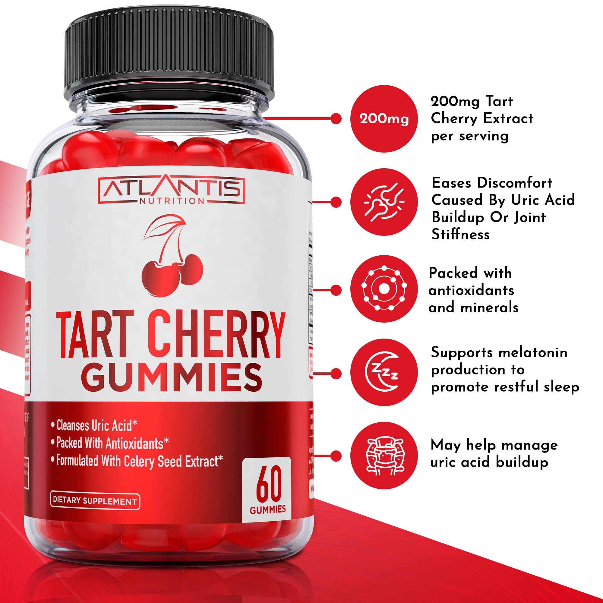 Atlantis Nutrition Tart Cherry Gummies with Celery Seed Extract - Advanced Uric Acid Cleanse for Immediate Relief | Joint Relief & Recovery