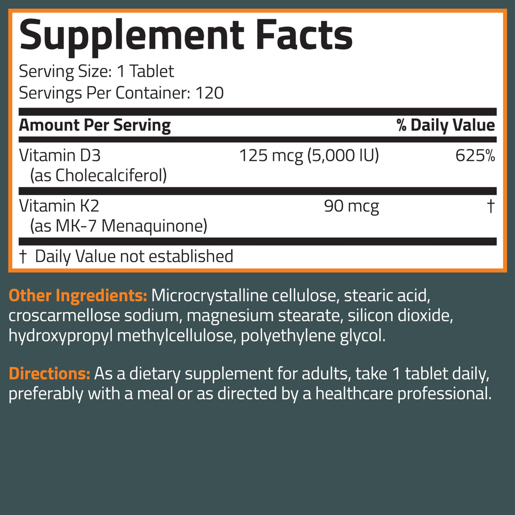 Bronson Vitamin K2 D3 (MK7) Supplement Non-GMO Formula Vitamin D3 5000IU (125 mcg) & 90 mcg K2 MK-7, Easy to Swallow D