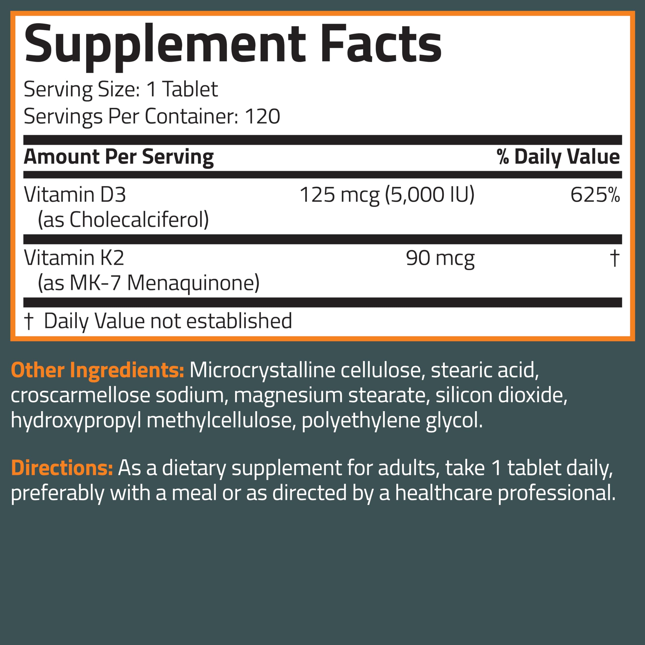 Bronson Vitamin K2 D3 (MK7) Supplement Non-GMO Formula Vitamin D3 5000IU (125 mcg) & 90 mcg K2 MK-7, Easy to Swallow D