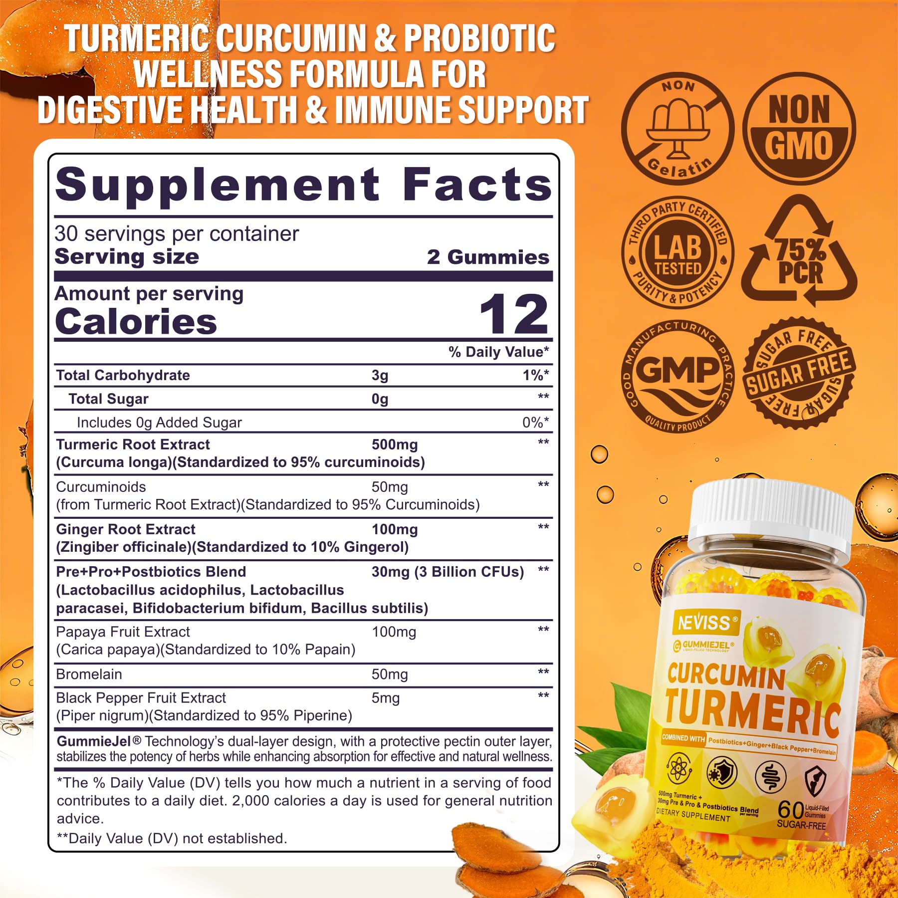 Sugar Free Turmeric Curcumin Filled Gummies 550mg for Adults, Ginger & Black Pepper | 95% Curcuminoids w/Prebiotic Probiotic & Postbiotic Blend, Support, Immune & Digestive Health, Vegan, 2Pack NEVISS Au supplements