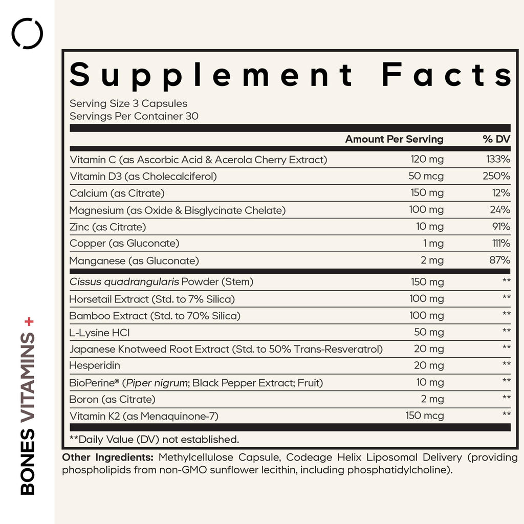 Codeage Bones Vitamins+ - Vitamin D3 & K2, Vitamin C, Calcium, Magnesium, Zinc, Hesperidin, L-Lysine, Manganese, Bamboo, Horsetail, Cissus, Boron, Trans-Resveratrol, Non-GMO Supplement - 90 Capsules Codeage Au supplements