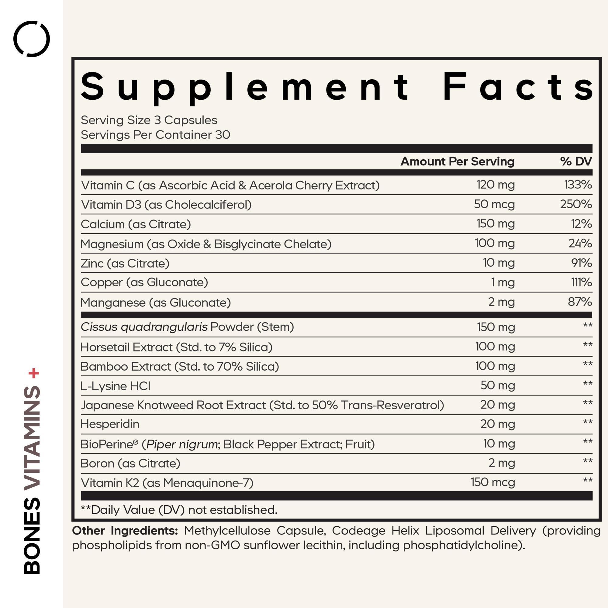 Codeage Bones Vitamins+ - Vitamin D3 & K2, Vitamin C, Calcium, Magnesium, Zinc, Hesperidin, L-Lysine, Manganese, Bamboo, Horsetail, Cissus, Boron, Trans-Resveratrol, Non-GMO Supplement - 90 Capsules Codeage Au supplements