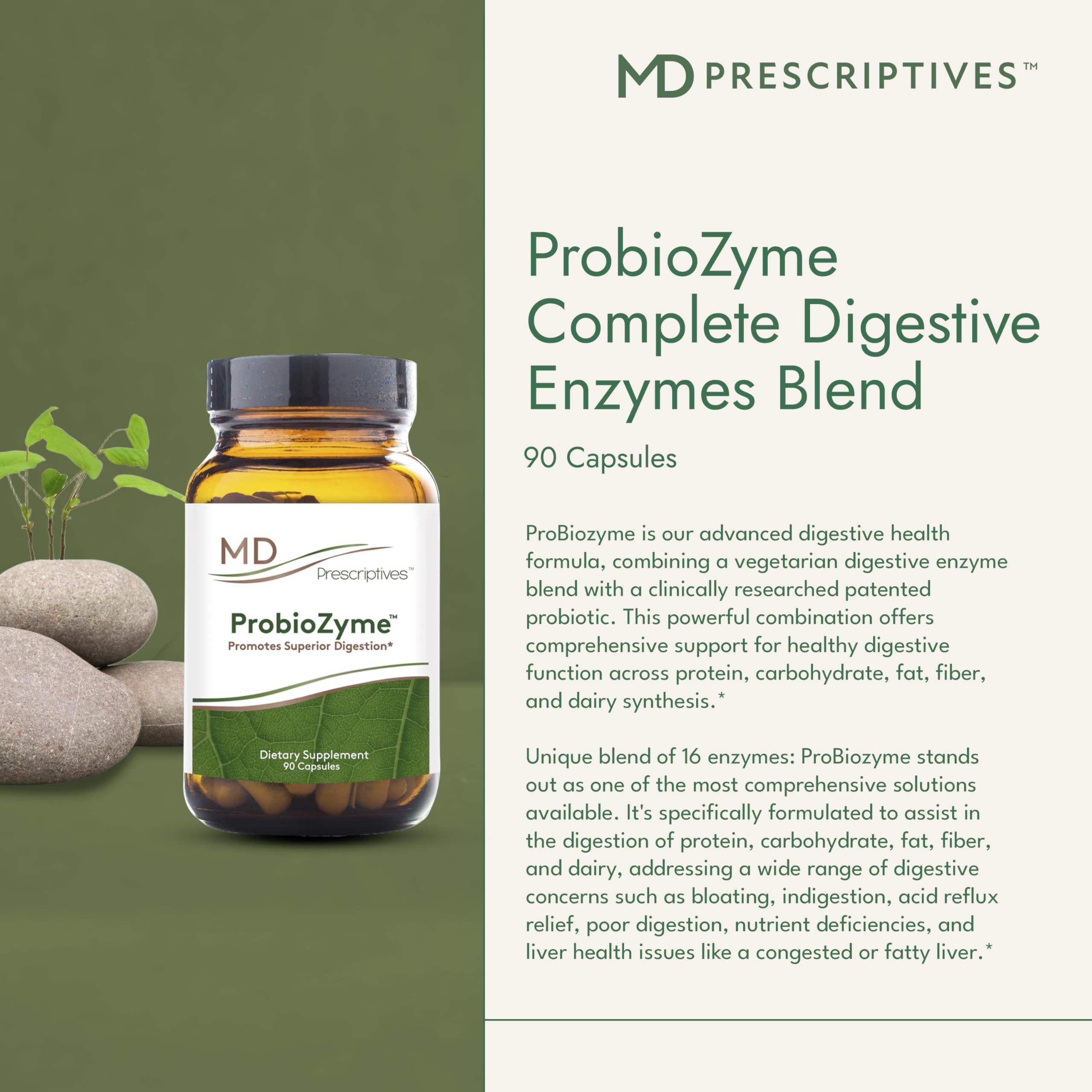 MD Prescriptives - ProbioZyme - Vegetarian Digestive Enzymes - Supplement for Digestive & Gut Health - 90 Capsules