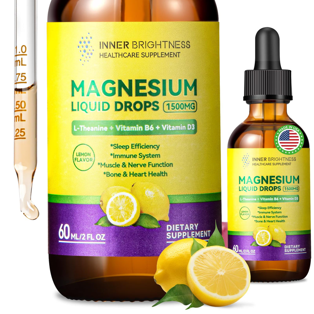 Magnesium Glycinate Liquid Drops 1500mg with Magnesium Citrate & Taurate, L-Theanine, Vitamin D3, B6 - Supports Calm, Sleep, Muscle Relaxation, Leg Cramps & Energy, Lemon Flavor, 60 mL Inner Brightness Au supplements