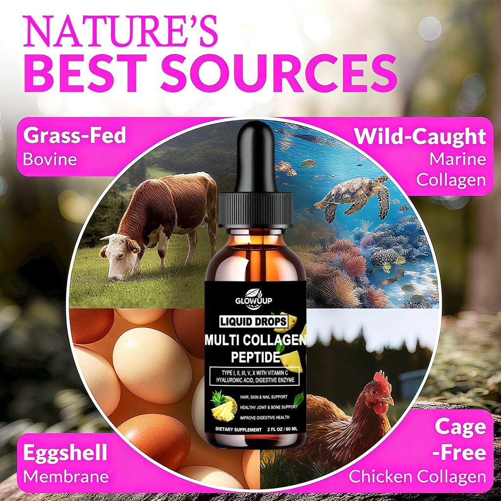 Multi Collagen Peptides Liquid Drops for Women & Men-Type I, II, III, V, X丨Hydrolyzed Collagen Peptides, Collagen Proteins W. Hyaluronic Acid, Biotin & Vitamin C for Hair Skin & Joint Gut Health GLOVVUUP Au supplements