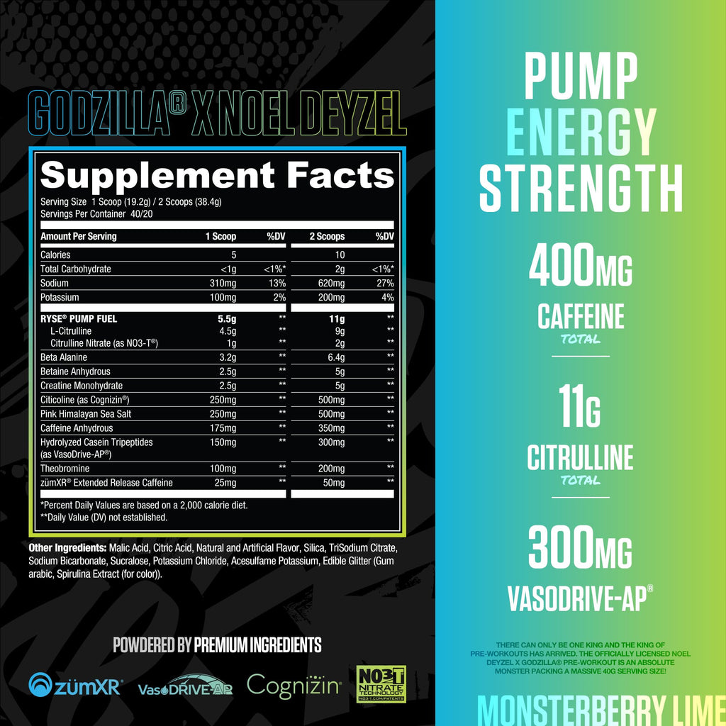 RYSE Godzilla X Noel Deyzel Pre Workout Powder - Monsterberry Lime - 400mg Caffeine, High Stim Pre-Workout for Men & Women with Citrulline & Beta Alanine - Energy, Pump & Focus - 20/40 Servings
