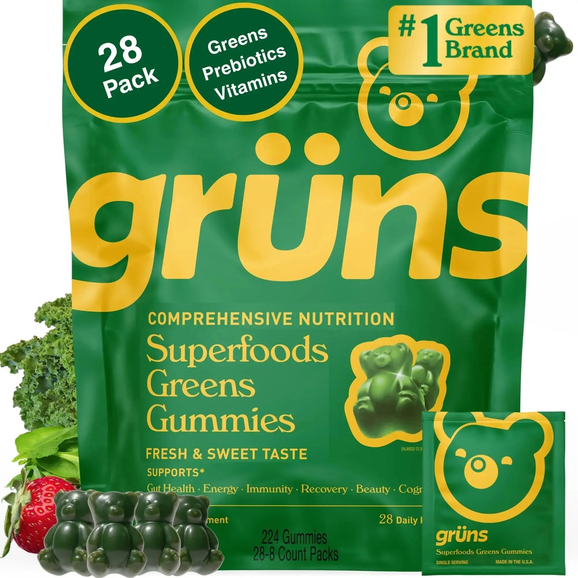 Gruns Adults Super Greens Multivitamin Gummies, Superfood Vitamin Gummy Bears with Spirulina, Chlorella, Prebiotic Fiber for Digestive Health Grüns Au supplements