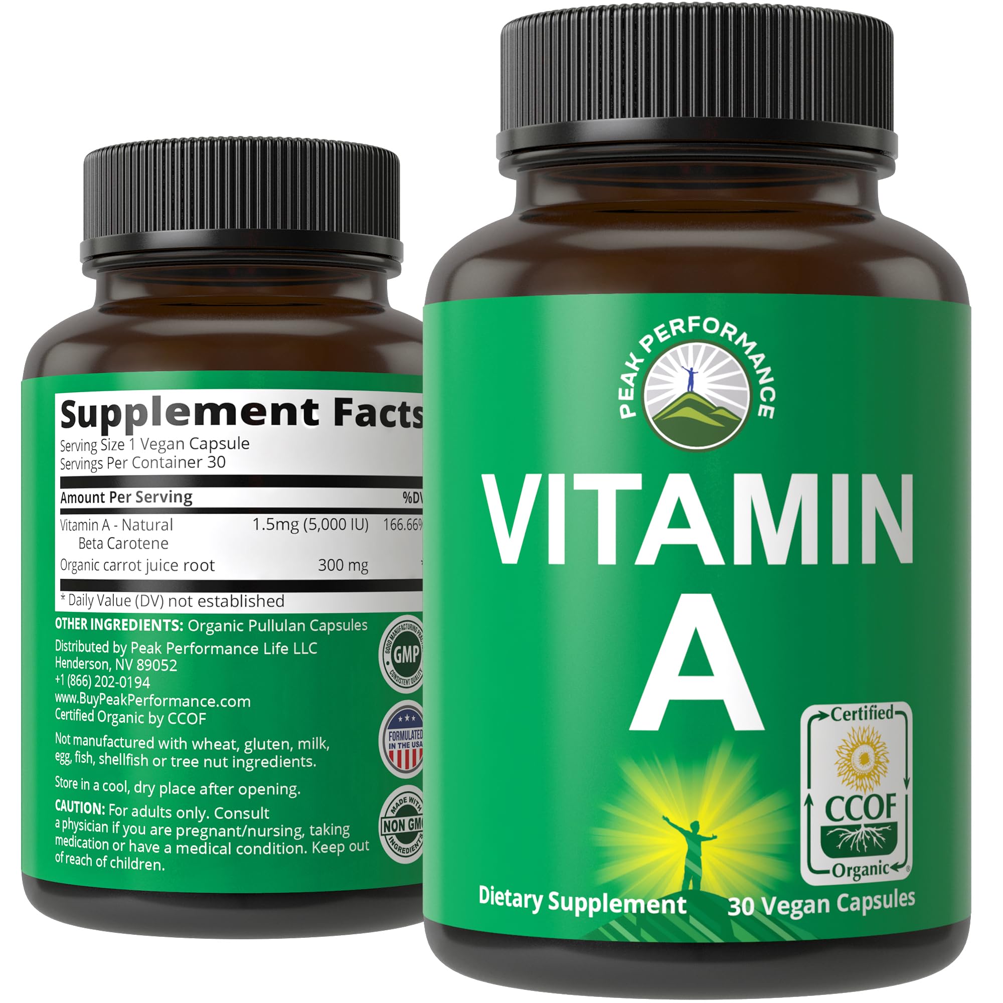 Certified Organic Vitamin A 5000 IU Supplement Capsules High Potency Vitamins. for Adults, Men, Women, Kids. Made with Carrot Juice. Great for Immune, Skin, Eye Support. Non GMO, Vegan Pills Peak Performance Au supplements