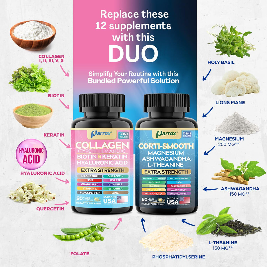 Parrox Shining Serenity Set, Cortisol Support with Ashwagandha, L-Theanine, Magnesium, Lions Mane, GABA, Bacopa Monnieri, Collagen I, II, III, V, X, Folate, Biotin, Keratin, Hyaluronic Acid, Quercetin Parrox Au supplements