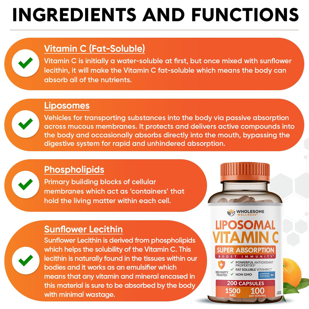 Wholesome Wellness Liposomal Vitamin C Capsules (200 Pills 1500mg Buffered) High Absorption, Immune System & Collagen Booster, High Dose Fat Soluble Immunity