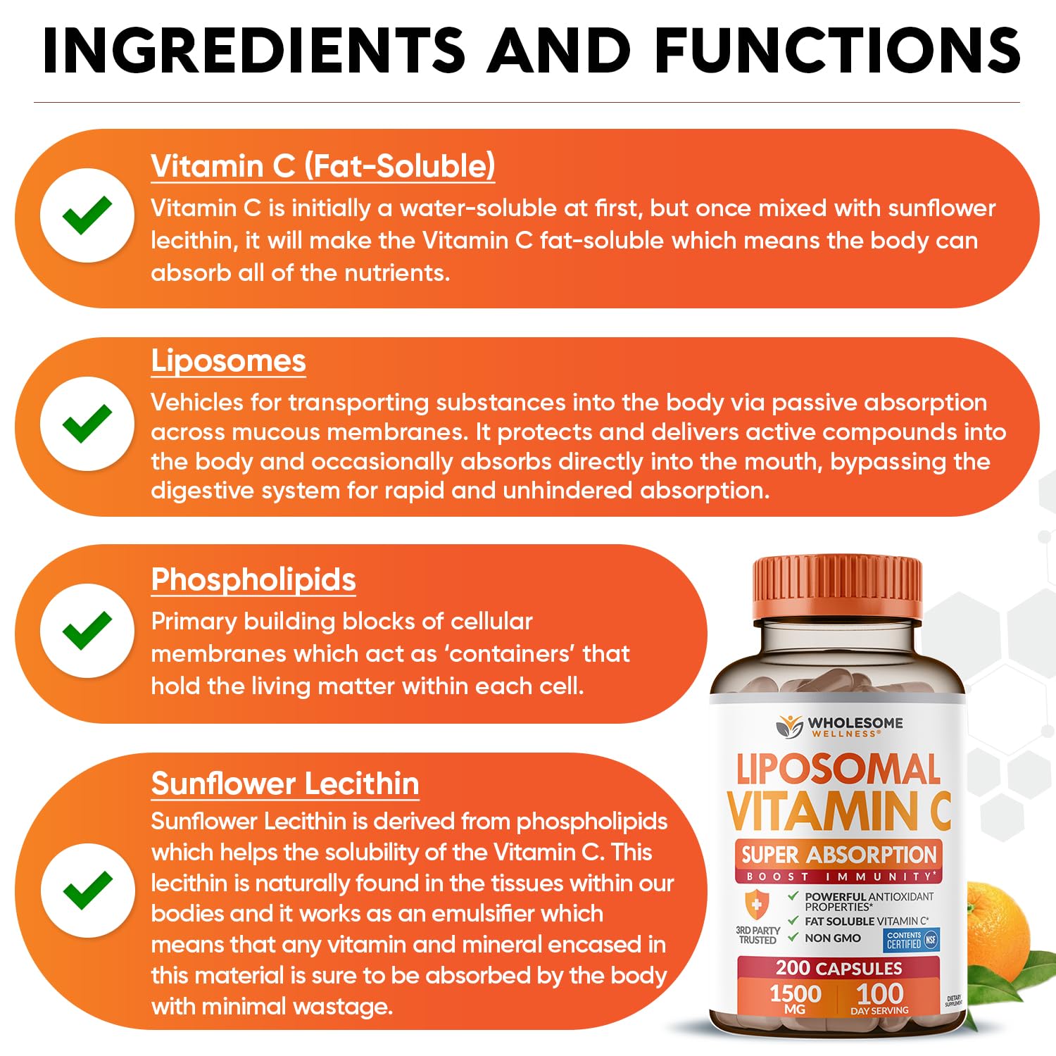 Wholesome Wellness Liposomal Vitamin C Capsules (200 Pills 1500mg Buffered) High Absorption, Immune System & Collagen Booster, High Dose Fat Soluble Immunity