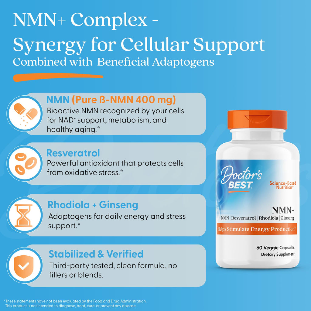 Doctor's Best NMN+ Complex Supplement Capsules for Women & Men - Supports NAD+ Production, Resveratrol 100mg & Beta Nicotinamide Mononucleotide 200mg per Capsule, Cellular Energy Support - 60 Veg Caps Doctor's BEST Au supplements