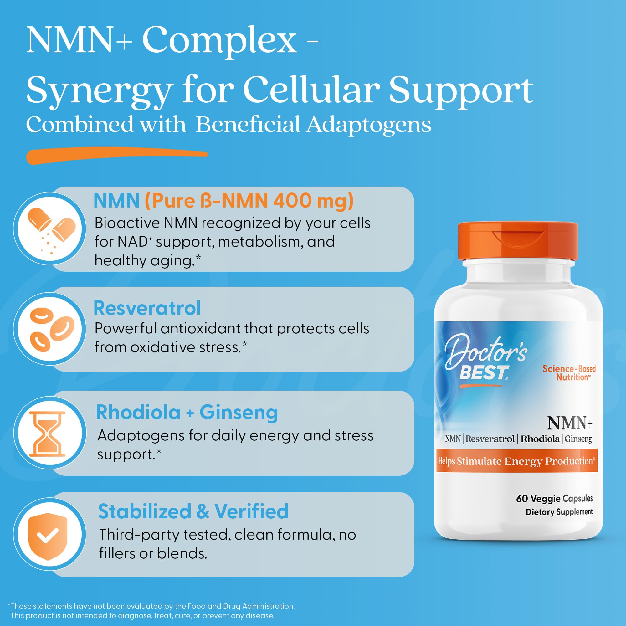 Doctor's Best NMN+ Complex Supplement Capsules for Women & Men - Supports NAD+ Production, Resveratrol 100mg & Beta Nicotinamide Mononucleotide 200mg per Capsule, Cellular Energy Support - 60 Veg Caps Doctor's BEST Au supplements