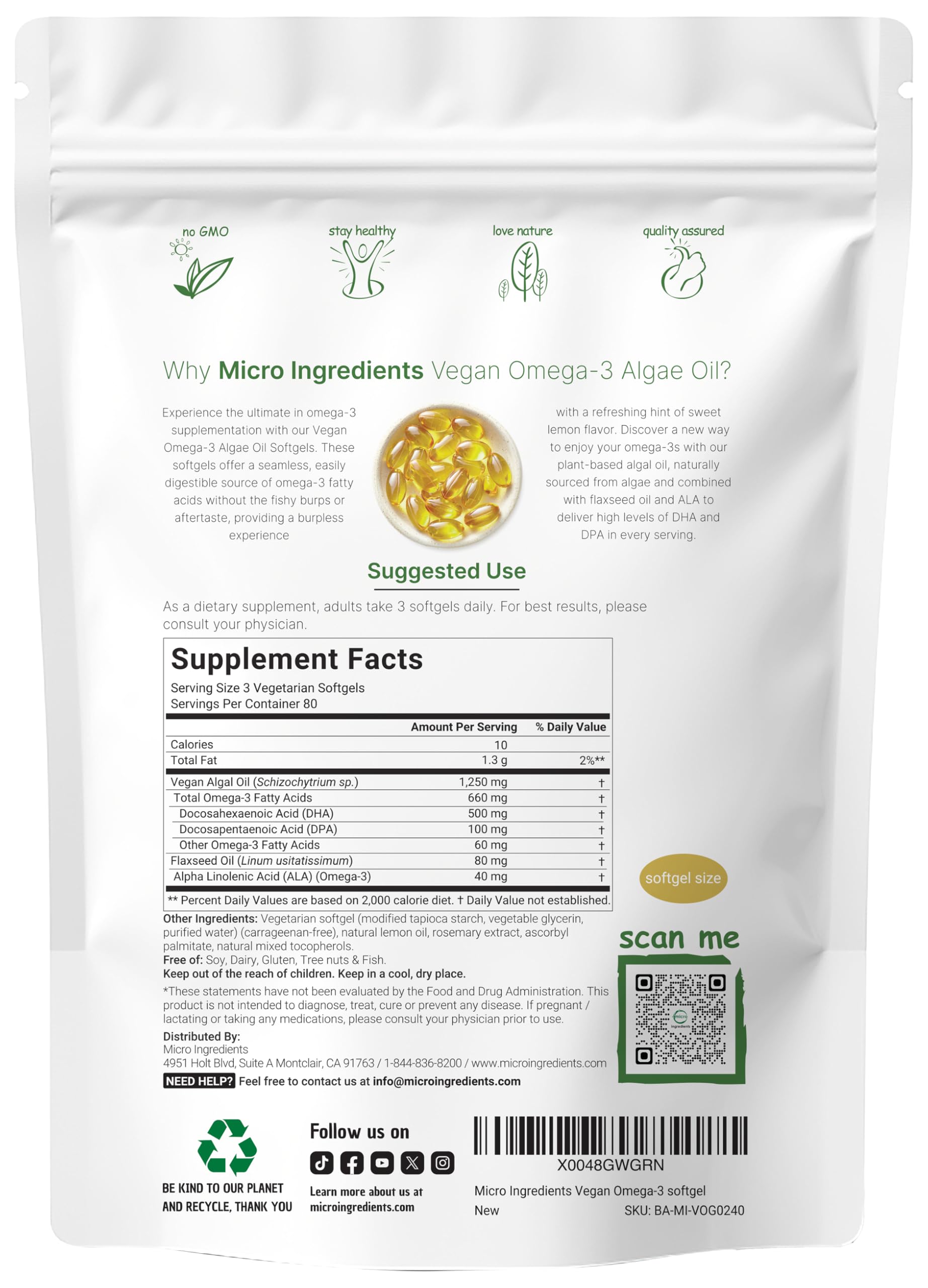 Micro Ingredients Vegan Omega 3 Algae Oil, 240 Veggie Softgels | Fish Oil Alternative | DHA 500mg & DPA 100mg | Carrageenan Free | Plant-Based Omega 3