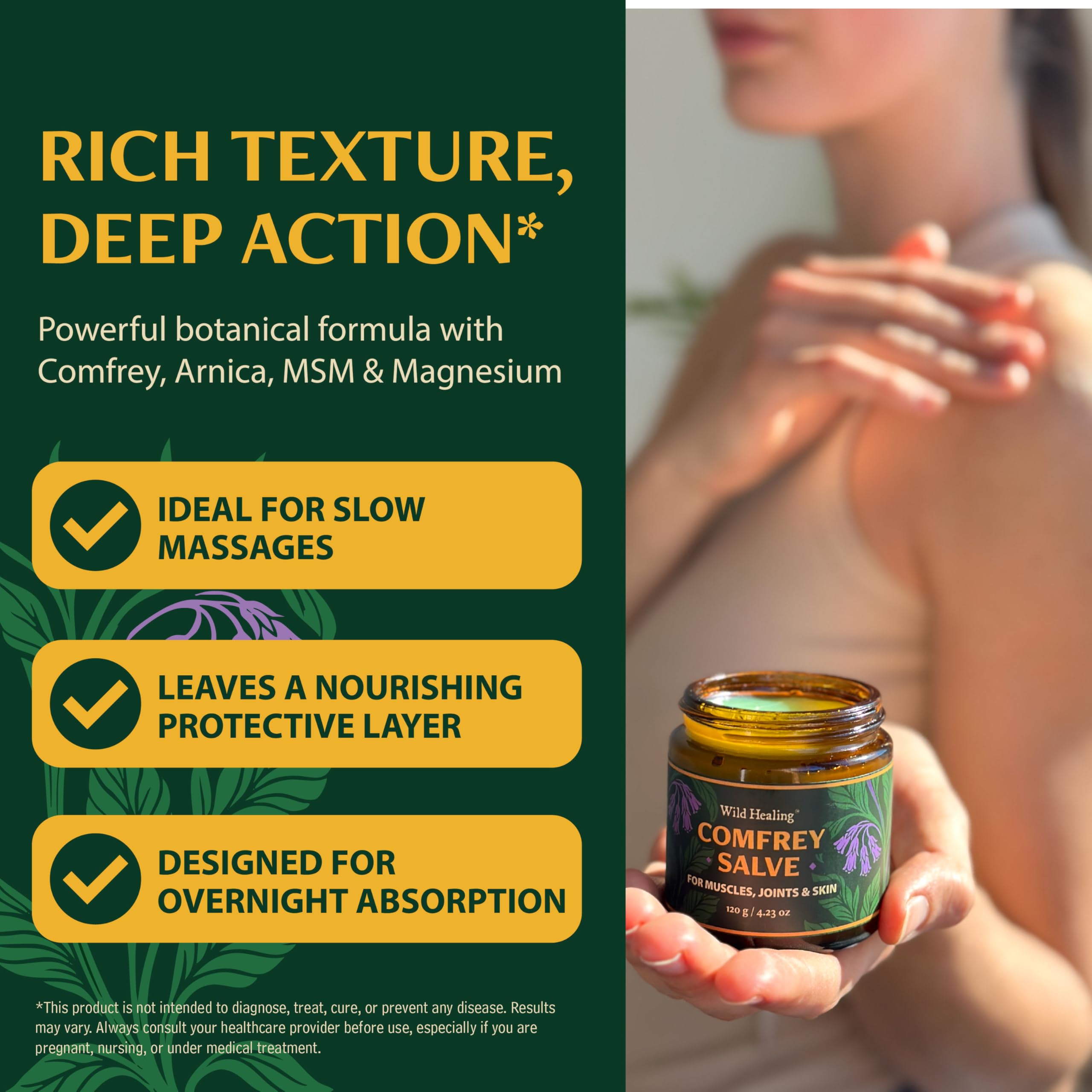 Wild Healing Comfrey Salve – Concentrated Herbal Balm with Arnica, Magnesium & MSM – Soothing Botanical Cream for Joints, Muscles & Dry Skin – 4.23 oz Wild Healing Au supplements