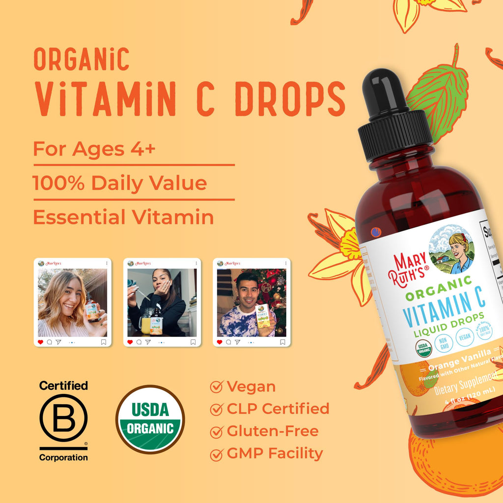 MARYRUTH'S Organic Vitamin C Supplement | Liquid Vitamin C Liquid Drops for Adults & Kids | Immune Support Supplement for Overall Health